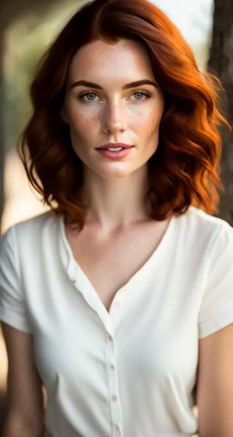 selfie, detailed and realistic portrait of a woman with a few freckles, redhair, long haircut, pale skin, round eyes and short messy hair shot outside, wearing a white t shirt, staring at camera, chapped lips, soft natural lighting, portrait photography, magical photography, dramatic lighting, photo realism, ultra-detailed, intimate portrait composition, Leica 50mm, f1. 4,8k uhd, dslr