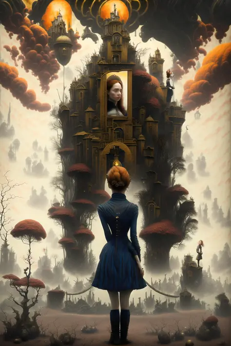 full body, (surrealsteampunkai)++,
(from behind:1.4), a girl standing in front of golden framed mirror, looking at mirror, red h...