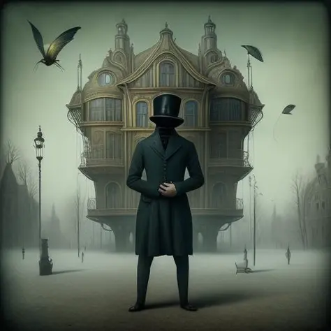 (surrealsteampunkai)++, a man standing in front of a building