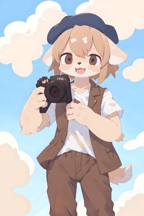 anime girl with camera taking picture of clouds in the sky