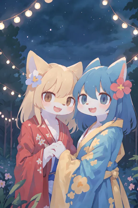 two anime characters dressed in kimono and kimono outfits standing in a forest