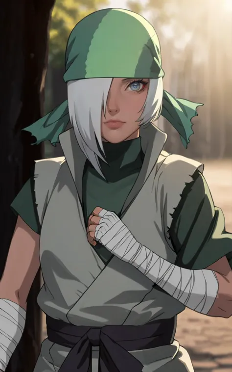 ((masterpiece, best quality)), insaneres, absurdres, solo,  vanishing point, 
Bandana_Ryuzetsu_ownwaifu, 
1girl, flat chest, hair over one eye, bandana, white hair, dark skin, short hair, grey eyes, ringed eyes, green headwear, 
bandages, vest, bandaged arm, ninja, asymmetrical sleeves, black pants, shirt, turtleneck, bandaged hand, short sleeves,
(portrait, straight-on)<lora:NARUTO_Movie_Ryuzetsu_ownwaifu:1>,
outdoors, lens flare, depth of field, bokeh, embers, looking at viewer,