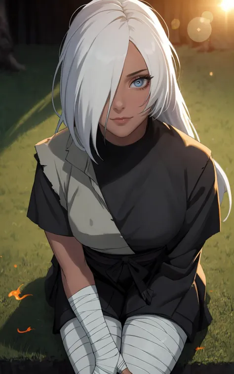 ((masterpiece, best quality)), insaneres, absurdres, solo,  vanishing point, 
HairDown_Ryuzetsu_ownwaifu, 
1girl, grey eyes, hair down, ringed eyes, white hair, long hair, hair over one eye, dark skin, dark-skinned female, breasts, 
bandages, bandaged arm, vest, bandaged hand, black shirt, ninja, shirt,
(from above, sitting)outdoors, lens flare, depth of field, bokeh, embers, looking at viewer,