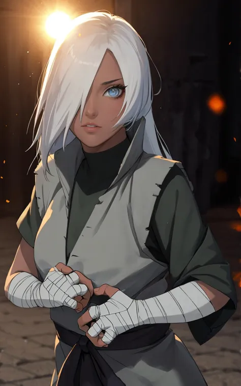 a woman with white hair and blue eyes standing in front of a fire