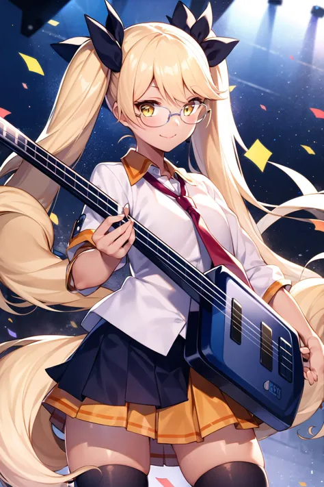 anime girl with long blonde hair holding a guitar in front of a stage