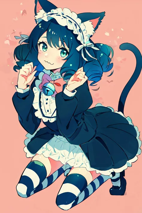 1girl, solo, sb69cyan, animal ears, cat ears, cat girl, tail, cat tail, curly hair, green eyes, blue hair, thighhighs, bell, maid headdress, striped thighhighs, dress,long sleeves,bow, double paw pose, :3, <lyco:Karakter - Show by Rock - Cyan:1.0>