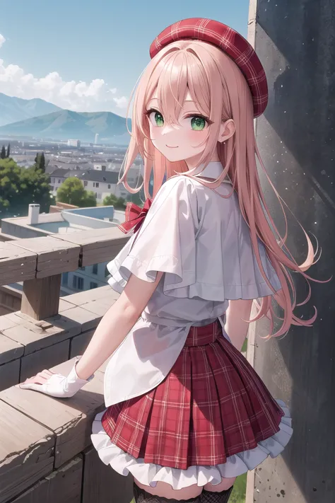 anime girl with pink hair and green eyes standing on a ledge