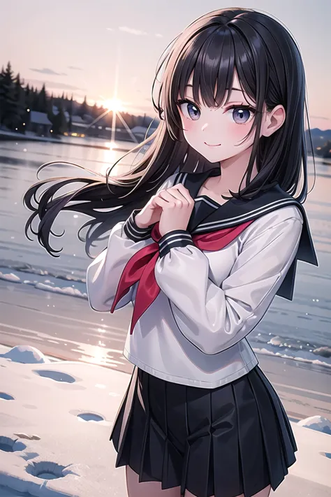 anime girl in a school uniform standing on a beach