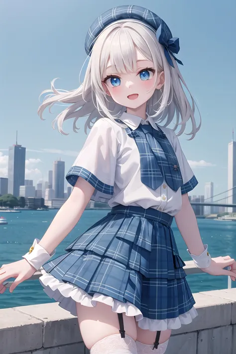 anime girl in a school uniform posing by the water