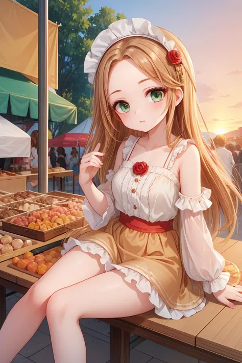 anime girl sitting on a table with a bunch of fruit