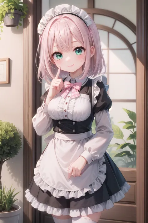 anime girl in maid outfit standing in front of a door