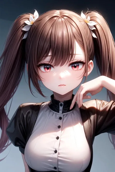 anime girl with ponytails and a black shirt posing for a picture