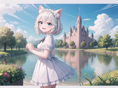 anime girl in a white dress standing in front of a castle