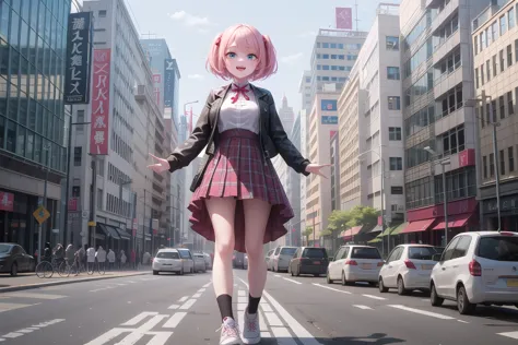 anime girl in a skirt and jacket walking down a street