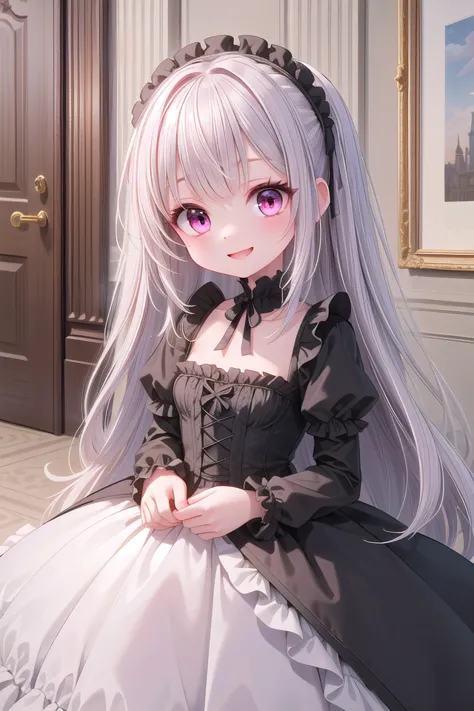 anime girl with long white hair wearing a black and white dress