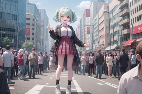 anime girl in a school uniform standing on a street with a crowd of people