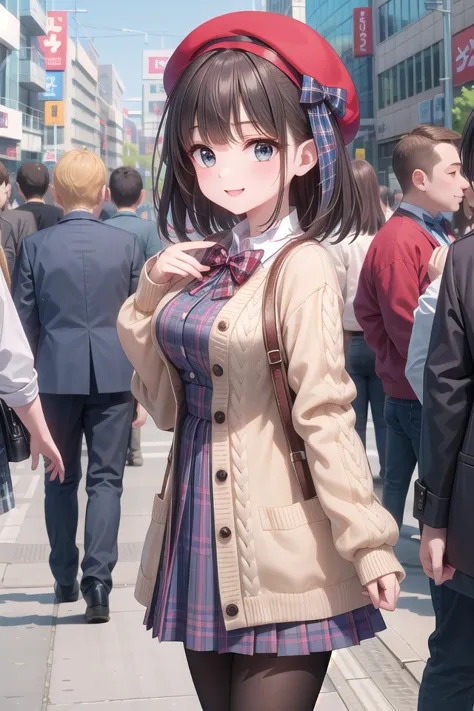 anime girl in a school uniform walking down a busy street