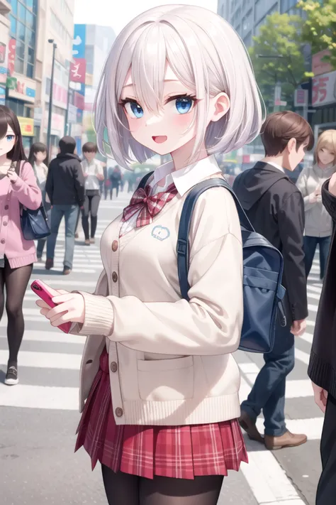 anime girl in school uniform standing on a busy street with her cell phone