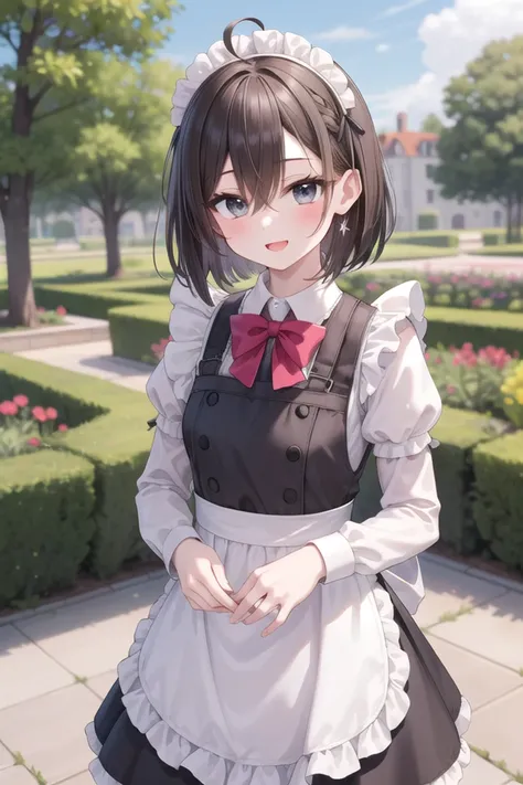 anime girl in maid outfit standing in front of a garden