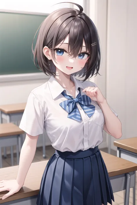 insanely detailed, absurdres, ultra-highres, ultra-detailed, best quality,
1girl, solo, nice hands, perfect hands
BREAK
summer school uniform, (plain dark blue skirt with many pleats:1.4), (striped indigo blue bowtie:1.3), short sleeves, white shirt, shirt with white button
BREAK
(nsfw:-1.5)
BREAK
happy smile, laugh, open mouth
BREAK
standing, cowboy shot, looking at viewer
BREAK
slender, kawaii, perfect symmetrical face, ultra cute girl, ultra cute face, ultra detailed eyes, ultra detailed hair, ultra cute, ultra beautiful
BREAK
classroom, depth of field, ultra detailed background
BREAK
medium large breasts
BREAK, (ahoge:1.2), (short bob cut, hair between eyes, black dark_brown hair), black dark_brown eyes