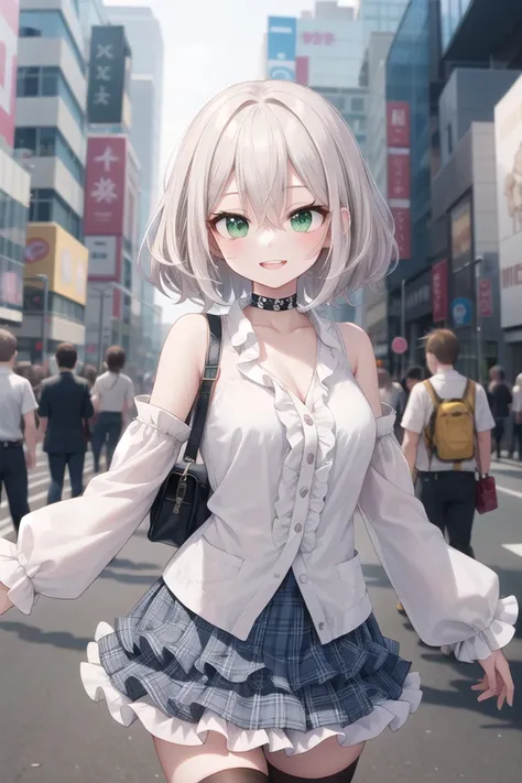 anime girl in a short skirt and white shirt walking down a street