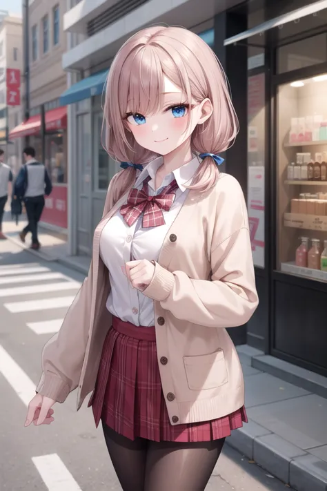 anime girl in a school uniform walking down a street