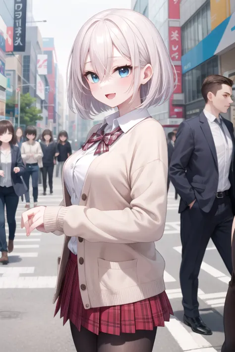 anime girl in a school uniform standing in a crowded street