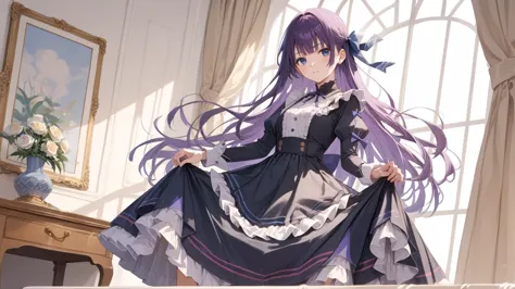 on stage,,source_anime, high res image,masterpiece,best quality <lora:gothic dress_Pony_V1.0:0.8>  jyojifuku, black dress, frills, hair bow, ribbon  <lora:hitagi-senjougahara-ponyxl-lora-nochekaiser:0.8> senjougahara hitagi, bangs, long hair, blue eyes, purple hair, skirt lift, score_9, score_8_up,score_7_up,score_6_up,