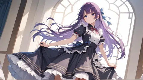 on stage,,source_anime, high res image,masterpiece,best quality <lora:gothic dress_Pony_V1.0:0.8>  jyojifuku, black dress, frills, hair bow, ribbon  <lora:hitagi-senjougahara-ponyxl-lora-nochekaiser:0.8> senjougahara hitagi, bangs, long hair, blue eyes, purple hair, skirt lift, score_9, score_8_up,score_7_up,score_6_up,