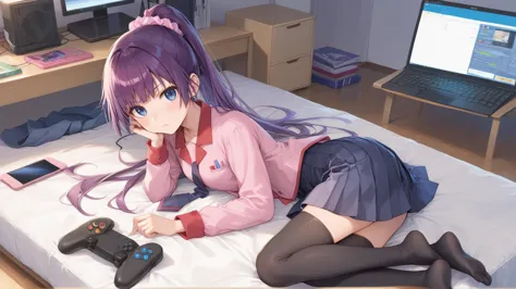 anime girl laying on bed with a game controller and a laptop