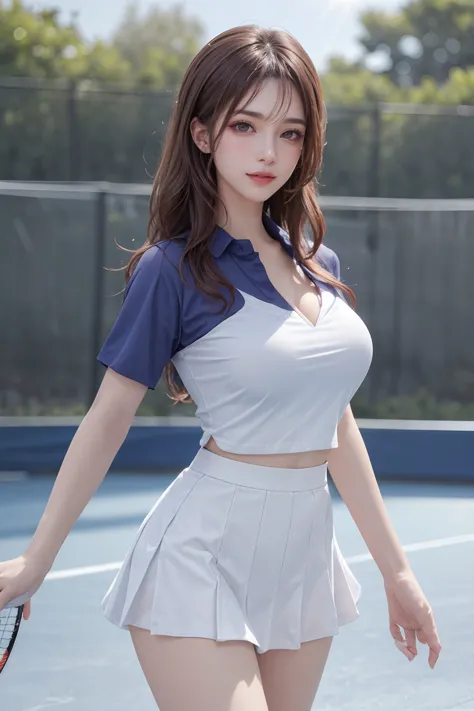 1girl,blush,eyelash,(half updo:0.1),messy hair,make up,powder blusher,beautifully detailed big round dark brown eyes,double eyelid,supermodel,detailed shiny pale skin,smile,looking at viewer,
large breasts,
wangqiu,blue shirt,blurry,blurry background,lens flare,light rays,lips,looking at viewer,short sleeves,smile,solo,sportswear,standing,tennis court,uniform,white skirt,wind,(bare thighs),cleavage,
masterpiece,best quality,high quality,highres,natural light,ray tracing,volumetric light,realistic,photorealistic,ultra highres,