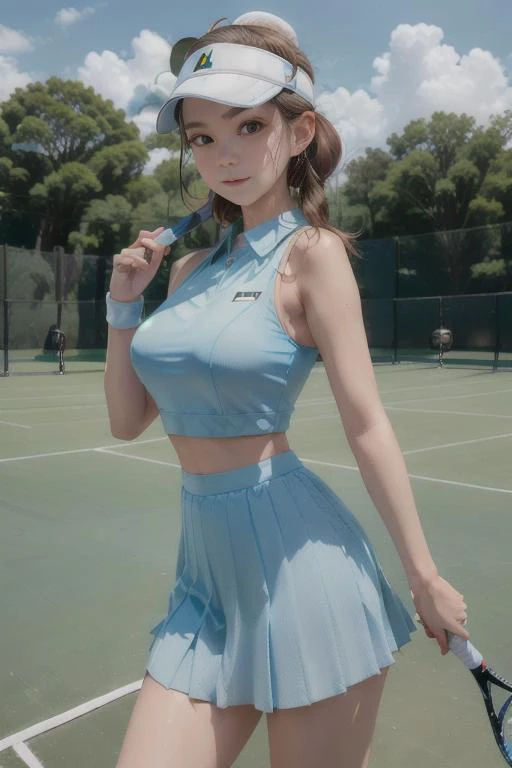 photo of a woman, (wearing tennis_outfit, wearing tennis_hat, blue outfit:1.3), 
good hand,4k, high-res, masterpiece, best quality, head:1.3,((Hasselblad photography)), finely detailed skin, sharp focus, (cinematic lighting), night, soft lighting, dynamic angle, [:(detailed face:1.2):0.2], medium breasts,(((tennis field))), outside,  