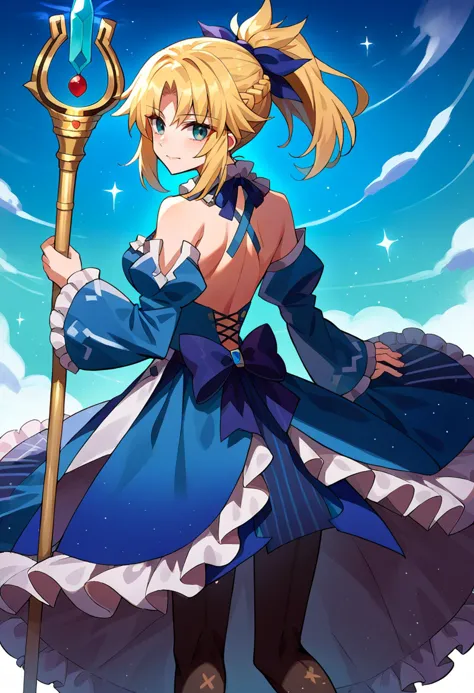 light smile, holding magic staff, gem on staff, <lora:Mo-san:1> 1girl, blonde hair, medium hair, green eyes, braid, ponytail,, score_9, score_8_up, score_7_up, source_anime,, hair ribbon, frilled choker, criss-cross halter, sleeveless dress, high-waist skirt, backless dress, blue dress, waist blue bow, detached sleeves, frilled sleeves, wide sleeves, blue sleeves, black pantyhose, patterned legwear, pinstripe pantyhose, mary janes, layered dress,