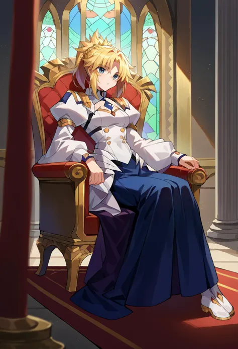 <lora:Mo-san:1> 1girl, blonde hair, medium hair, green eyes, braid, ponytail, sitting, throne room,, score_9, score_8_up, score_7_up, source_anime,