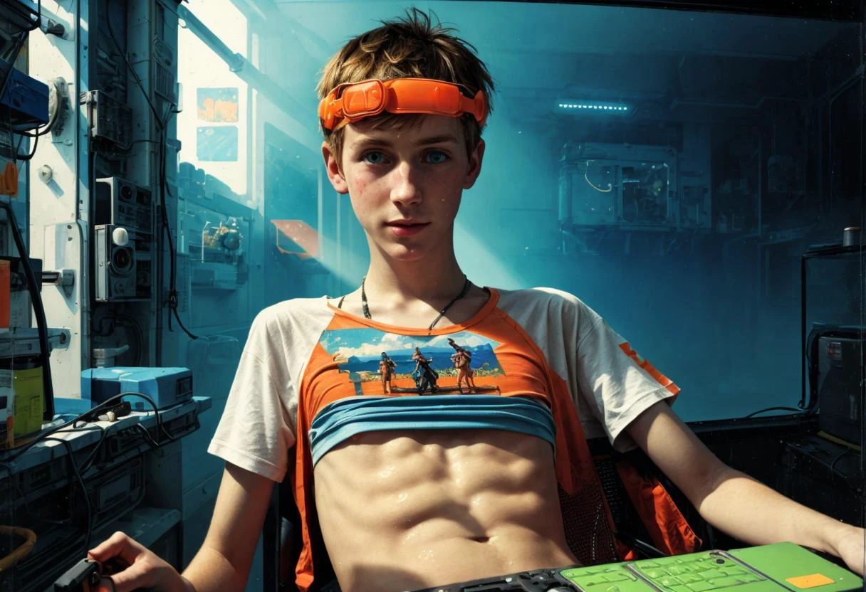 Lomo 肖像，一個赤裸上身的 1boy，穿著橙色泳褲和一件漂亮的 T 卹, 玩電子遊戲, 可愛的臉孔, 太陽能朋克, 复杂的技术, 卡爾‧施皮茨韋格 (Carl Spitzweg) 的油畫, 科幻水彩畫