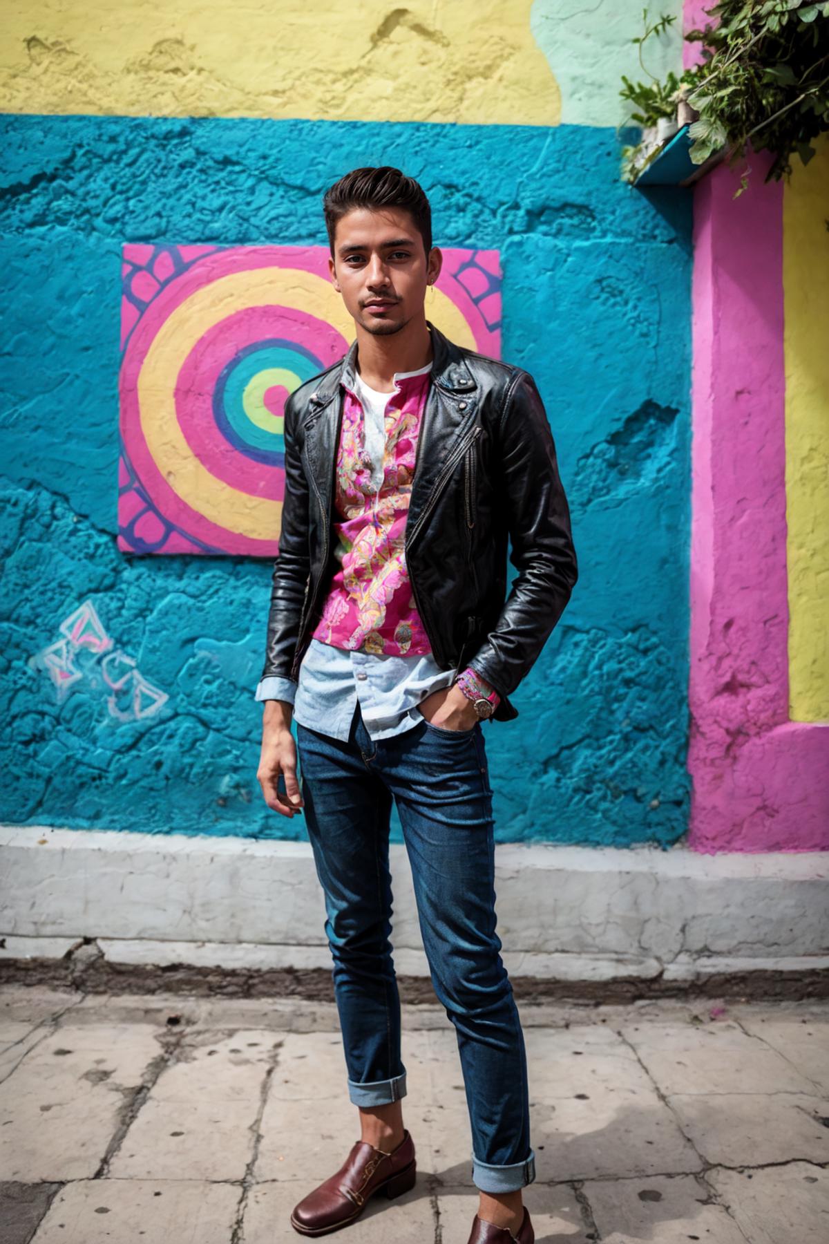 Arafed man in a leather jacket standing in front of a colorful wall -  SeaArt AI