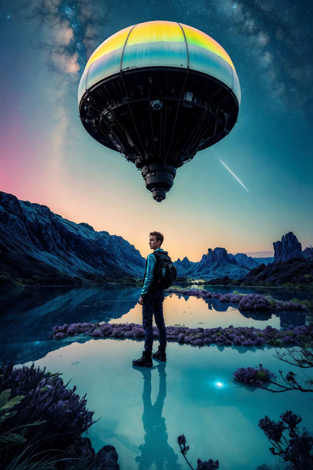 1boy, photograph, portrait, a handsome intrepid explorer standing on an alien planet's celestial oasis, surrounded by luminous flora, iridescent pools, and an otherworldly sky, capturing the sense of awe and discovery in an extraterrestrial landscape