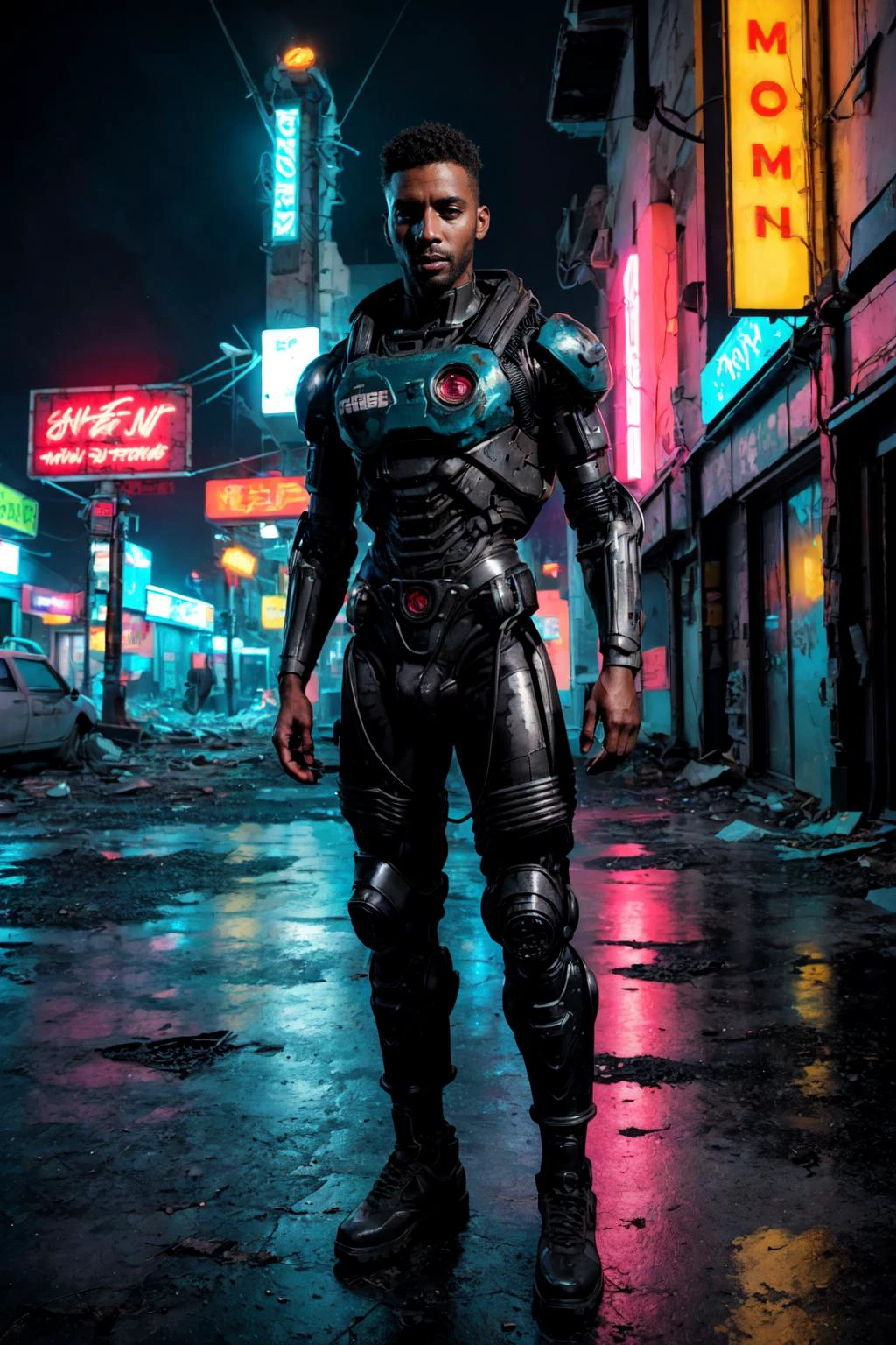 1boy, photoshoot, a fusion of cyberpunk and Fallout aesthetics with a burst of color, a gorgeous black man with cybernetic enhancements and worn post-apocalyptic gear, navigating a cityscape of neon signs glowing in various shades, dilapidated buildings with painted murals, and a mixture of advanced and decayed technology in vibrant colors.