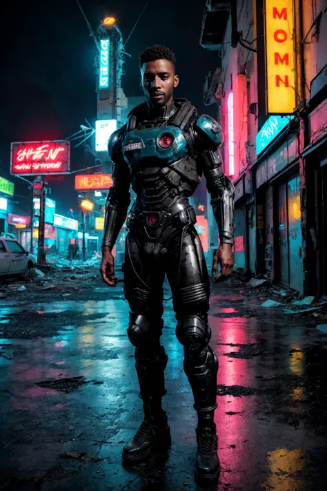 1boy, photoshoot, a fusion of cyberpunk and Fallout aesthetics with a burst of color, a gorgeous black man with cybernetic enhan...
