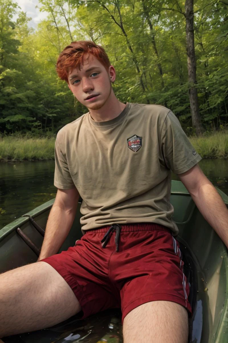 Solo focus, Candid photo of a timid 18yo redneck dg_Finn boy, ginger facial stubble,  short dark red hair, photorealistic, hyperdetailed, sitting in canoe, sharp focus, t-shirt, pants, selfie, outside, outdoors, clear sky,