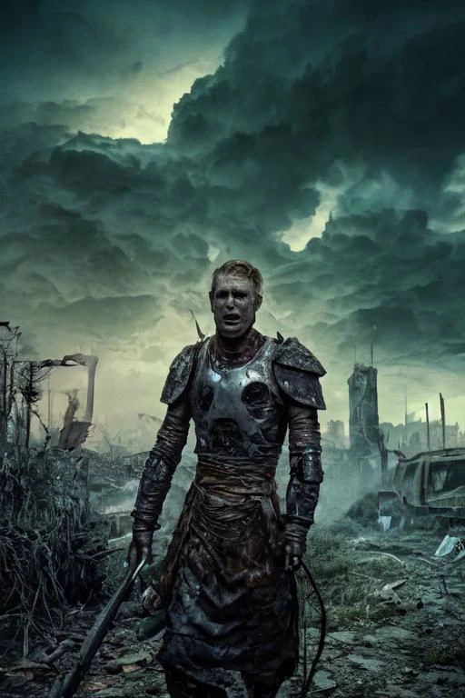 1boy, photoshoot, portrait, a haunted Norwegian man with piercing eyes in scavenged armor amidst a colorful post-apocalyptic landscape,  (((medium shot))), (((half body))), wielding vibrant weaponry, mutated flora with bioluminescent glow, remnants of a destroyed city painted in bright graffiti, and ominous storm clouds in vivid shades