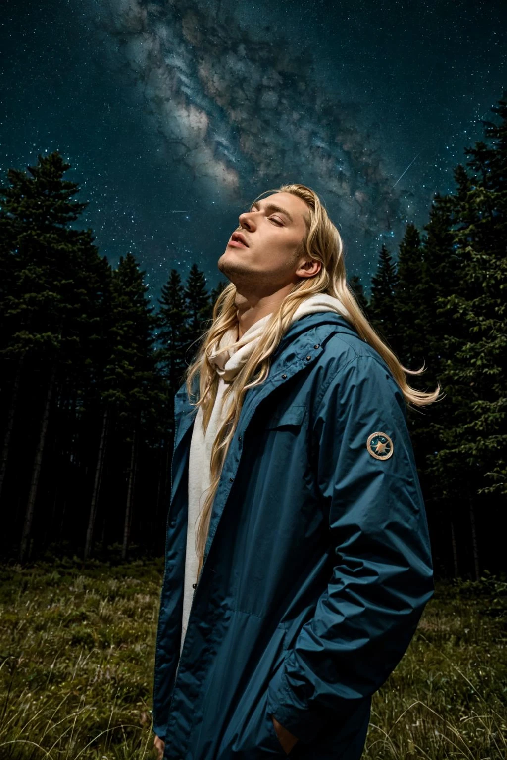 1 Junge, Meisterwerk, Ein wunderschöner Mann mit langen blonden Haaren, der in den Sternenhimmel blickt, gemütliches Campire im Wald, Nebel, filmisch, 8k,