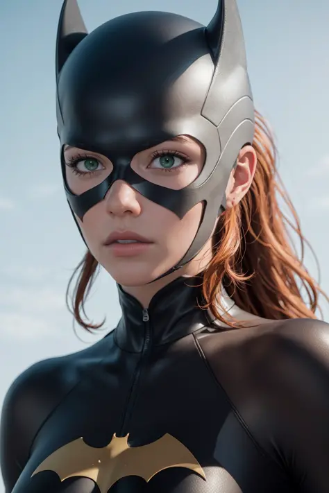 8k, best quality, real picture, intricate details, ultra-detailed, ultra highres, depth field,(photorealistic,realistic:1.2),masterpiece,photo of  batgirl, green eyes, mask, orange hair, lips, long hair, ponytail, bodysuit, solo, sun, blue sky,
best qualit...