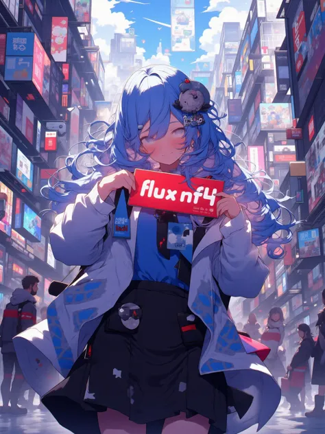 anime girl with vibrant blue hair is looking directly at the viewer with a gentle expression. She stands in the middle of a lively urban street filled with tall buildings, neon signs, and bustling activity. In her hands, she holds a red sign with the word 'flux nf4' written in bold white letters. Her hair flows softly in the breeze, and her bright eyes reflect the glow of the city lights around her. The scene is vibrant yet slightly mysterious, with cars passing by and pedestrians moving in the background. The contrast between the bustling city environment and the calm expression of the girl creates an intriguing and captivating atmosphere.