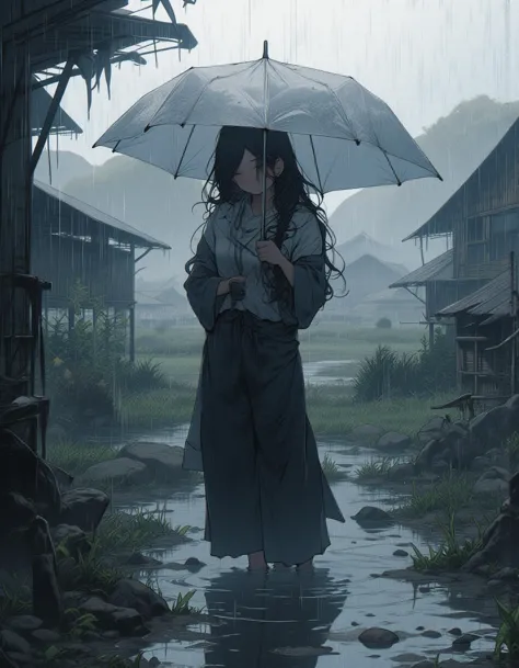 girl with long black hair stands in the countryside, holding an umbrella as heavy rain pours down around her. She is wearing a simple rural outfit, with the backdrop showing traditional wooden houses and fields fading into the mist. The rain creates ripples in puddles and splashes off the umbrella, with water droplets visibly clinging to the leaves and surfaces. The atmosphere is melancholic yet serene, capturing the essence of a quiet, remote village during a rainstorm