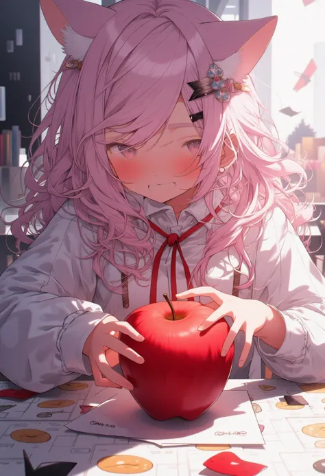 a hero shot of an apple sitting on a table in studio lighting, a catgirl with pink hair stands in the background reaching for th...