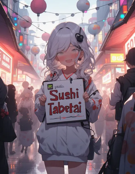 white-haired girl is holding a hand-drawn sign that reads ‘sushi tabetai’ in playful, bold letters. she stands with an excited y...