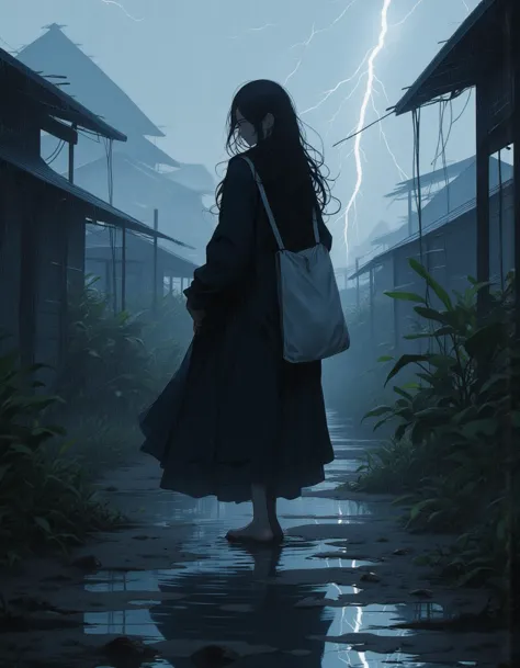 girl with long black hair stands in the countryside, heavy rain pours down around her,thunder strikes.She is wearing a simple rural outfit, with the backdrop showing traditional wooden houses and fields fading into the mist. The rain creates ripples in puddles, with water droplets visibly clinging to the leaves and surfaces. The atmosphere is melancholic yet serene, capturing the essence of a quiet, eary village during a rainstorm