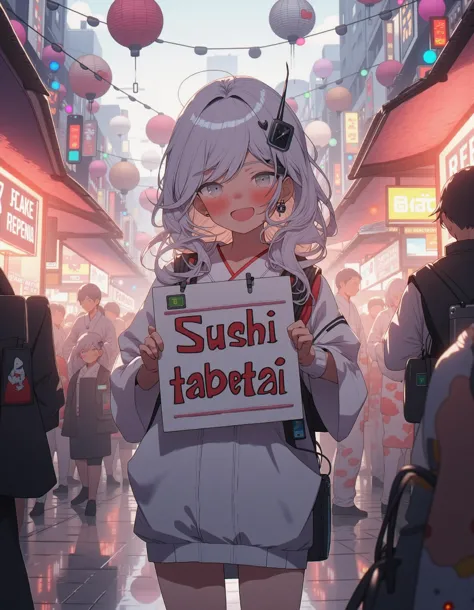 white-haired girl is holding a hand-drawn sign that reads ‘Sushi Tabetai’ in playful, bold letters. She stands with an excited yet slightly shy expression, as if eagerly asking for sushi. The setting is a lively urban street during a summer festival, with colorful lanterns hanging overhead and traditional food stalls lining the pathway. Behind her, neon signs, twinkling fairy lights, and crowds of people in yukata create a festive, vibrant atmosphere. The girl’s outfit is modern with a touch of Japanese fashion trends, making her look stylish and appealing. The soft evening glow, coupled with the warm tones of the street, highlights her white hair and gives the scene a cozy, inviting feel. The overall composition is visually striking, balancing cuteness with an engaging, lively environment that would be perfect for social media sharing.