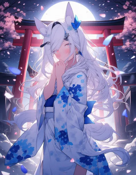 anime girl with white long hair is looking directly at the viewer with a gentle expression.she has fox ears and fox tail, wearing blue floral printed white kimono.
red eyes.
She stands in front of torii of temple at midnight.
full moon and many fireflys.
The scene is vibrant yet slightly mysterious, with cherry blossoms in background. Cherry blossom petals are dancing in the air.The quietness of the surroundings and the vividness of the girl create a contrast, creating a beautiful atmosphere.